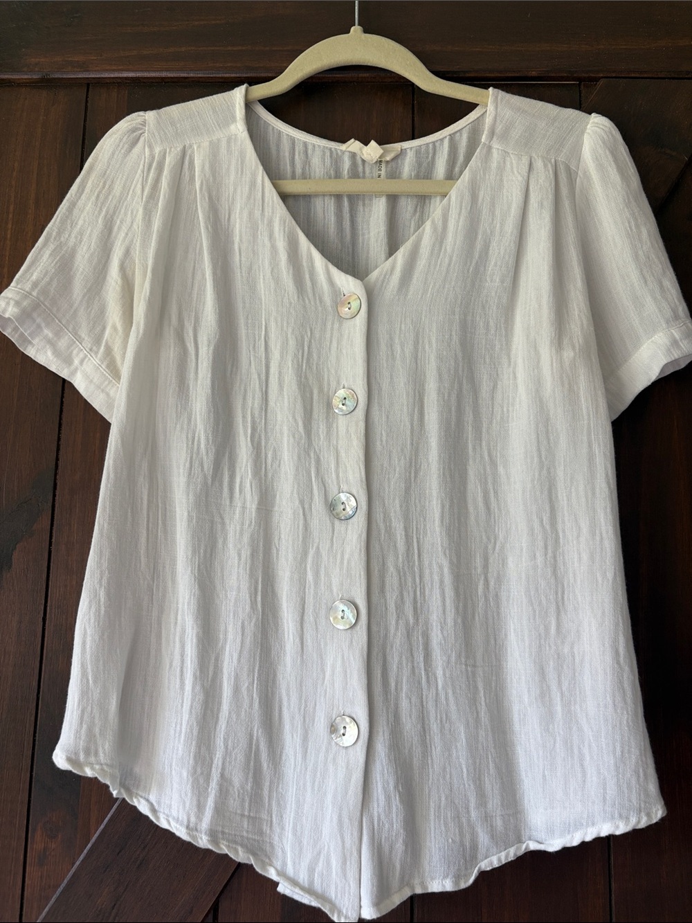 White Women’s Short-Sleeve V-Neck Button Front Top (3/$20)